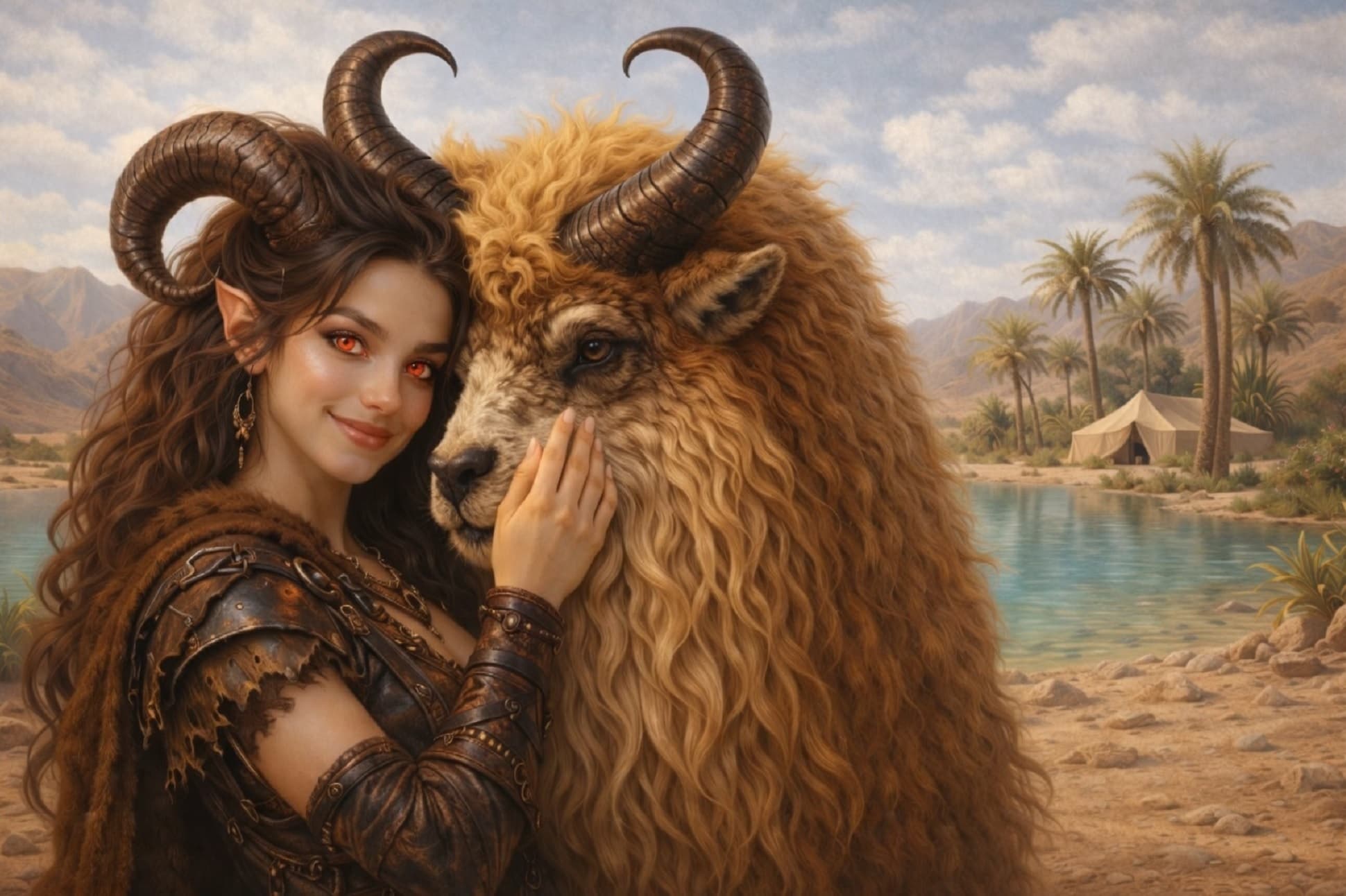 Icoria with Polter at a desert oasis in Duskfire